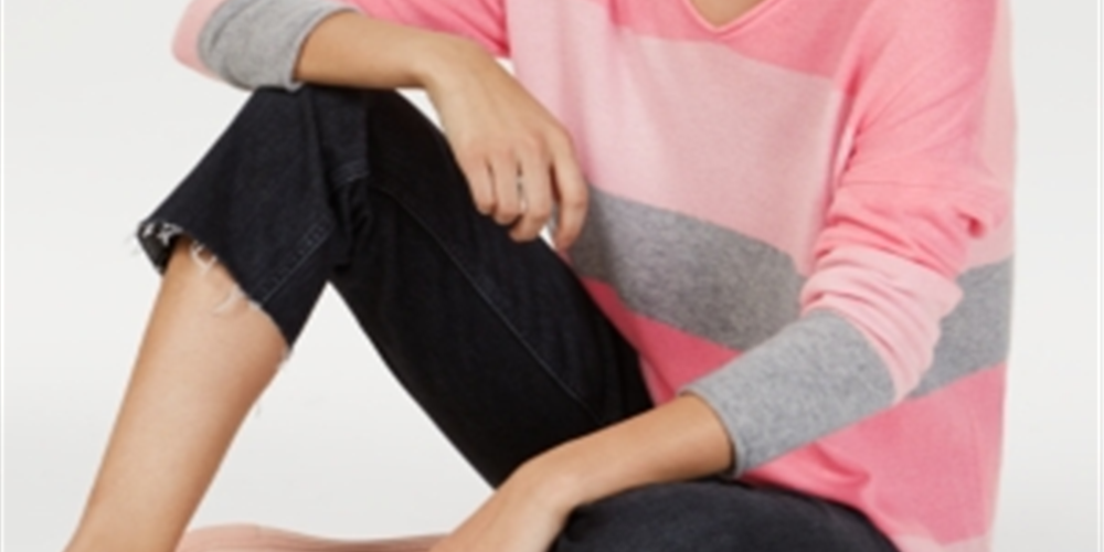 Charter Club Women's Cashmere Striped Rolled Sweater Pink Size Small