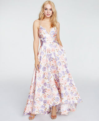 Speechless Women's Coral Pocketed Floral Spaghetti Strap Sweetheart Neckline Full Length Fit Flare Formal Dress White Size 17