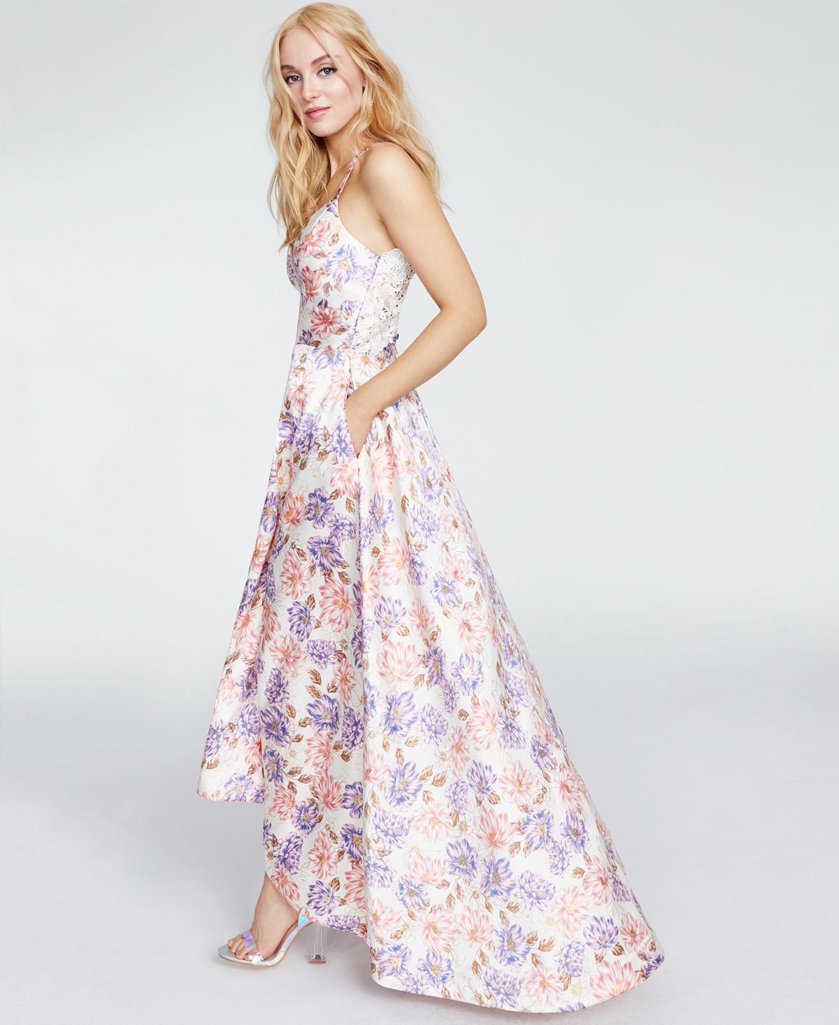 Speechless Women's Coral Pocketed Floral Spaghetti Strap Sweetheart Neckline Full Length Fit Flare Formal Dress White Size 17