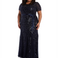 R & M Richards Women's Embroidered Sequined Short Sleeve Jewel Neck Maxi Sheath Evening Dress Black  Size 18W