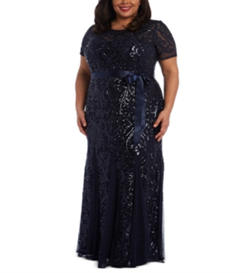 R & M Richards Women's Embroidered Sequined Short Sleeve Jewel Neck Maxi Sheath Evening Dress Black  Size 18W
