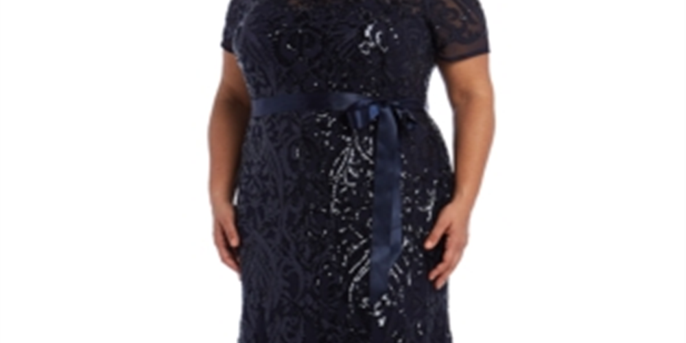 R & M Richards Women's Embroidered Sequined Short Sleeve Jewel Neck Maxi Sheath Evening Dress Black  Size 18W