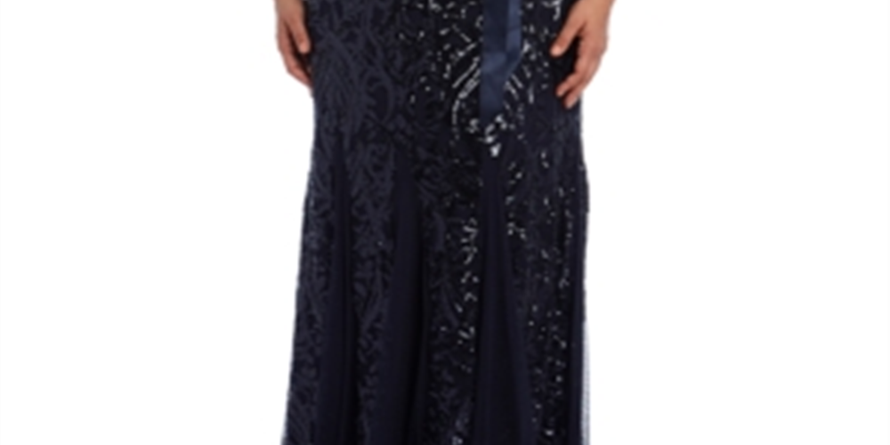 R & M Richards Women's Embroidered Sequined Short Sleeve Jewel Neck Maxi Sheath Evening Dress Black  Size 18W