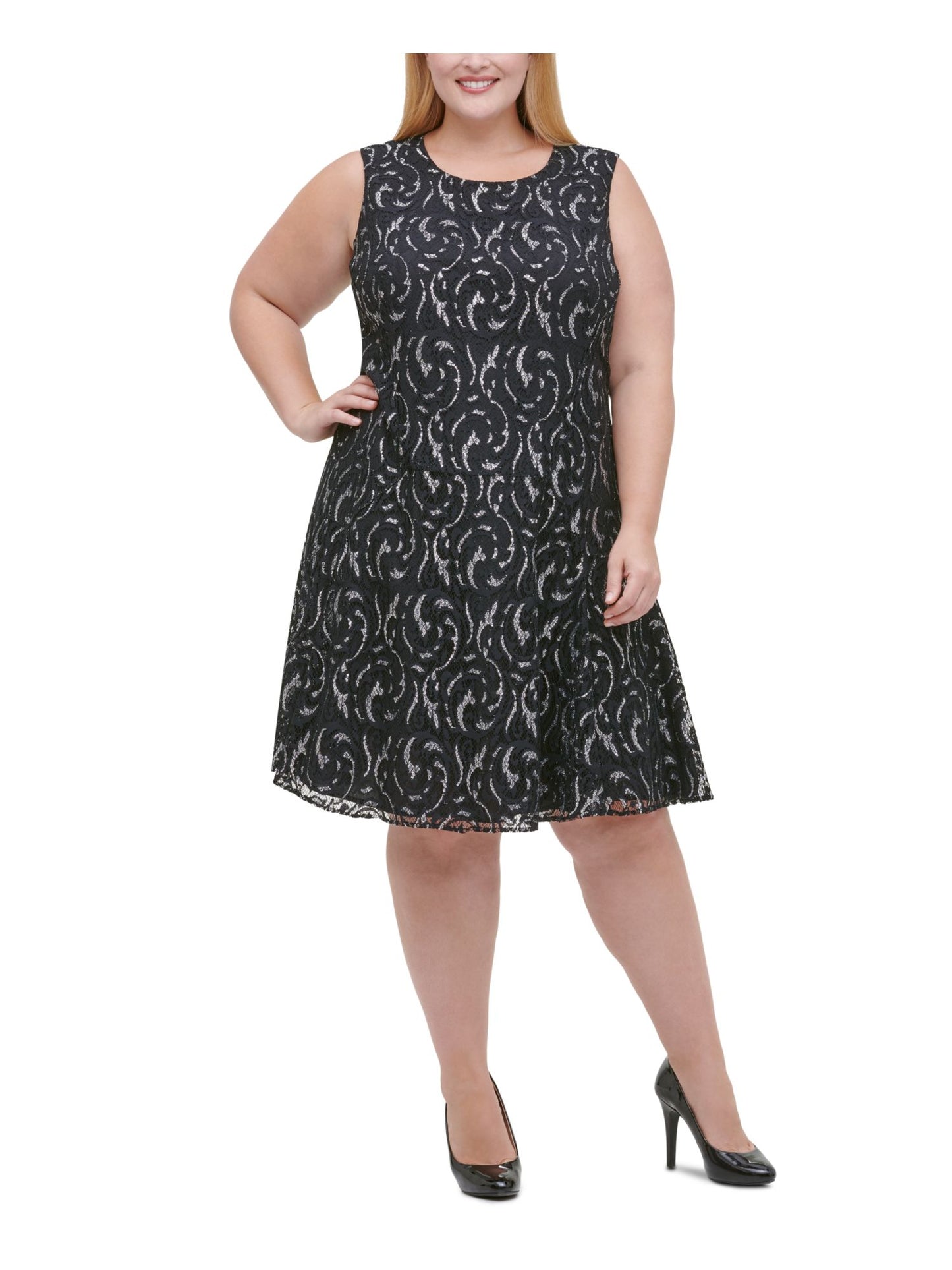 Tommy Hilfiger Women's Plus Metallic Lace Fit Flare Dress Black Size 20W
