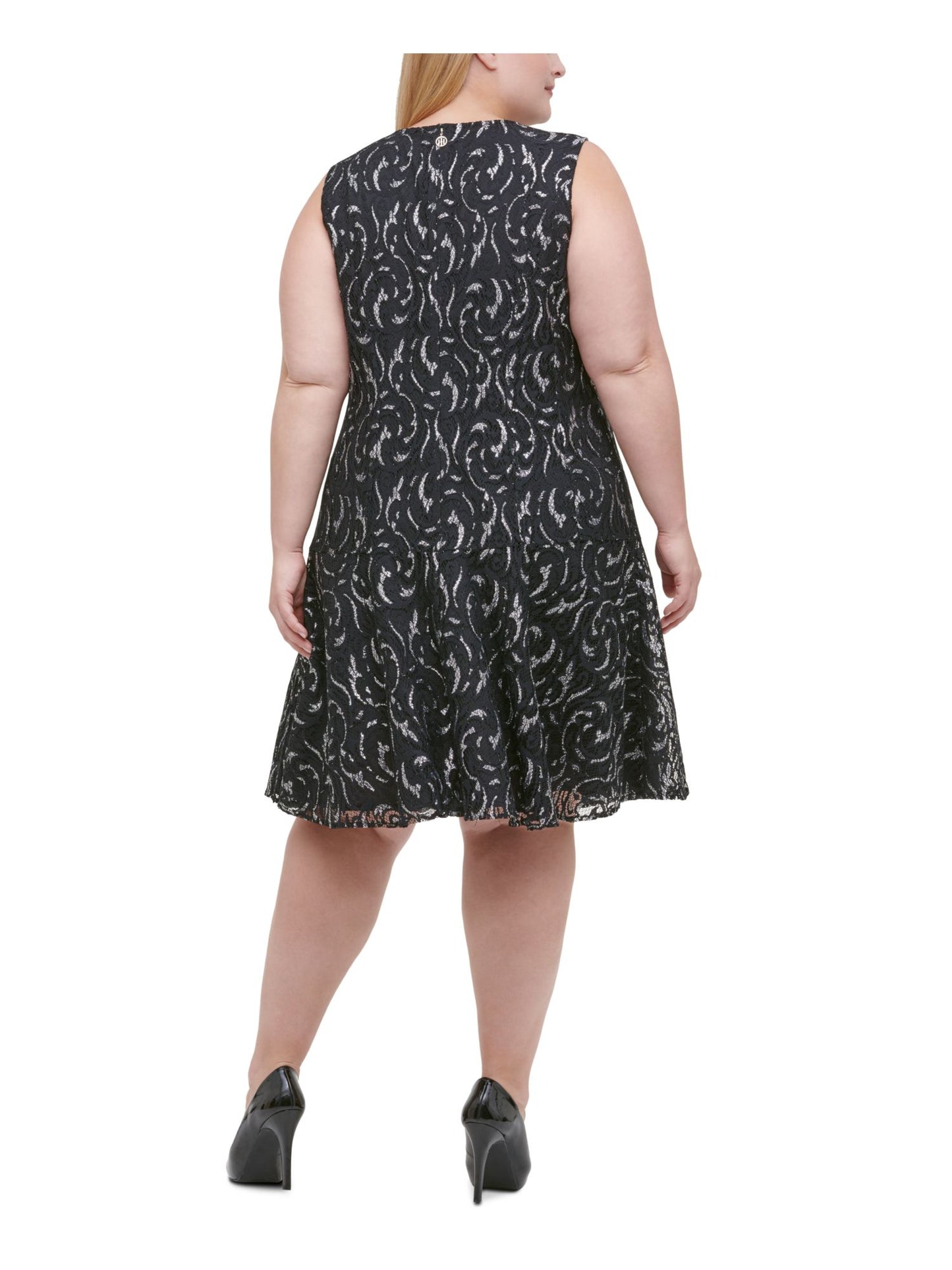 Tommy Hilfiger Women's Plus Metallic Lace Fit Flare Dress Black Size 20W