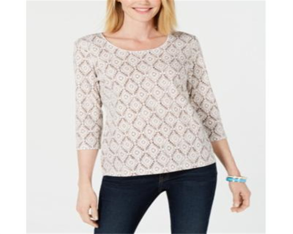 Karen Scott Women's Vine Print 3/4 Sleeve Top Brown Size Medium