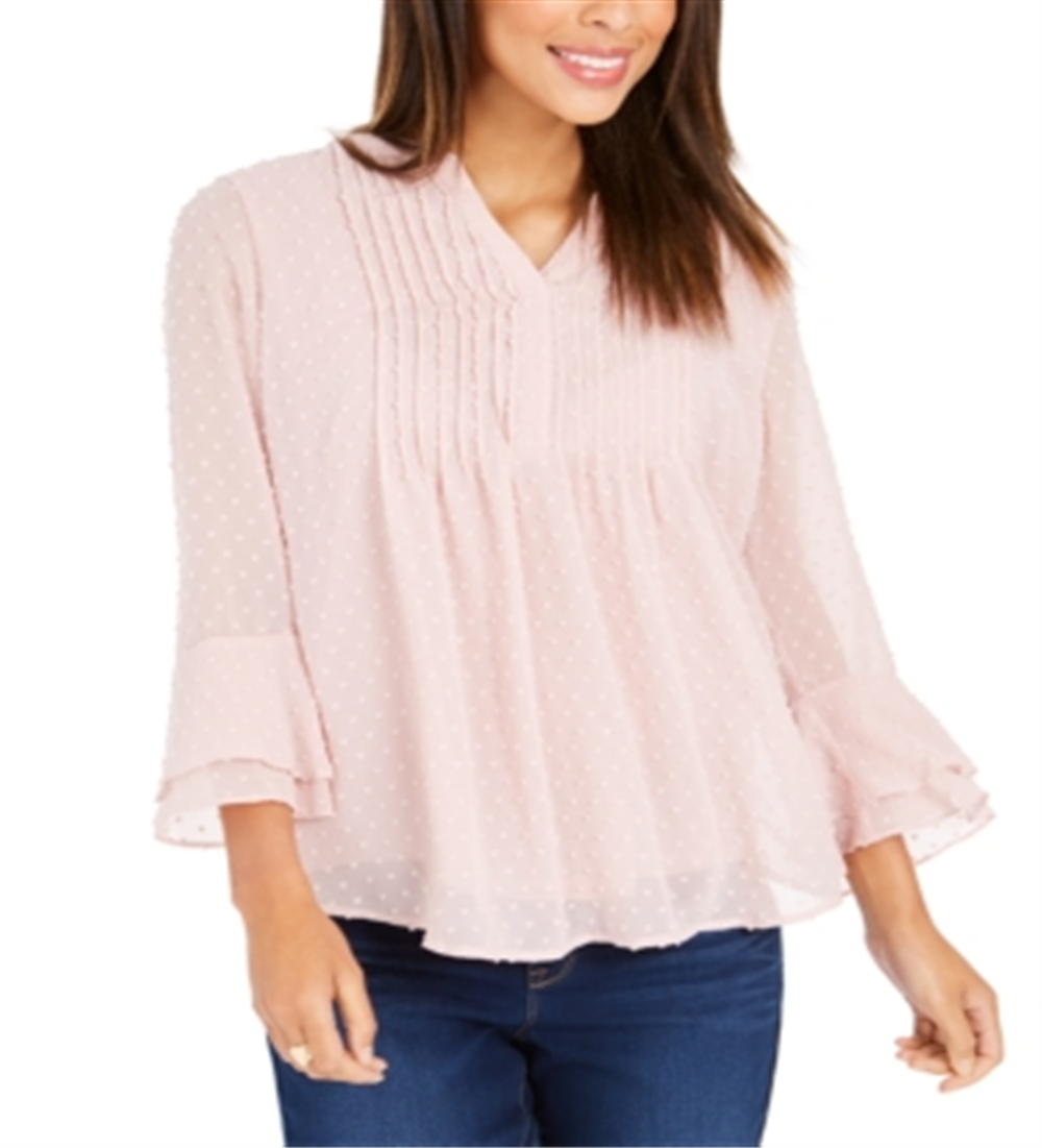 Charter Club Women's Double Ruffle Textured Pintuck Top Pink Size X-Small