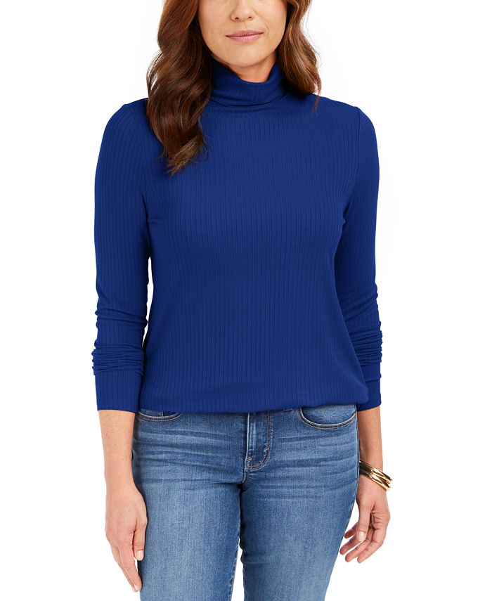 Charter Club Women's Heathered Ribbed Turtleneck Top Blue Size X-Large
