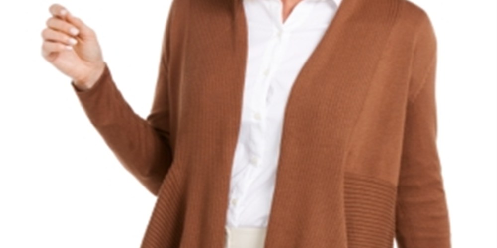 JM Collection Women's Mixed Ribbed Flyaway Cardigan Brown Size Petite