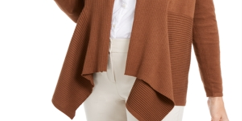 JM Collection Women's Mixed Ribbed Flyaway Cardigan Brown Size Petite