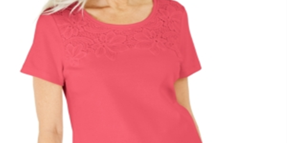 Karen Scott Women's Cotton Crochet Front Top Coral Size Medium