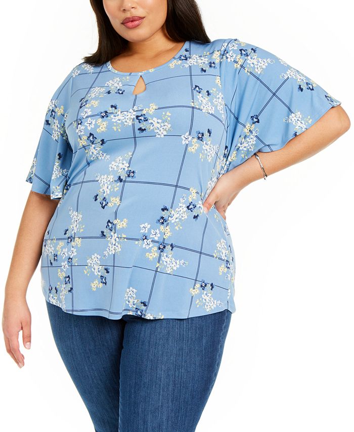 Charter Club Women's Plus Floral Print Keyhole Top Blue Size 2X