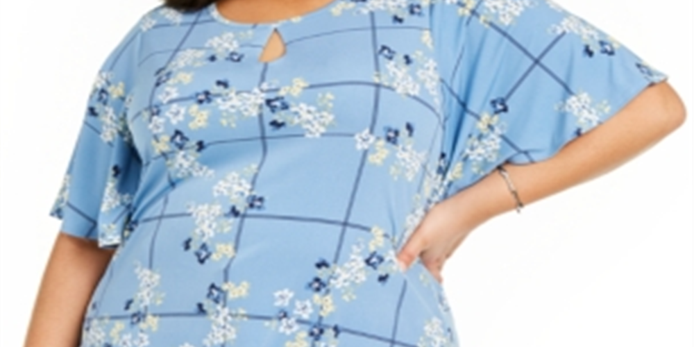 Charter Club Women's Plus Floral Print Keyhole Top Blue Size 2X