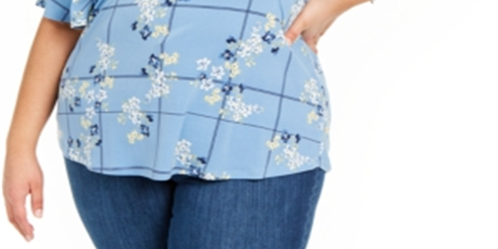 Charter Club Women's Plus Floral Print Keyhole Top Blue Size 2X