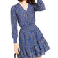 Michael Kors Women's Faux Wrap Long Sleeve Smocked Ruffle Dress Blue Size Large