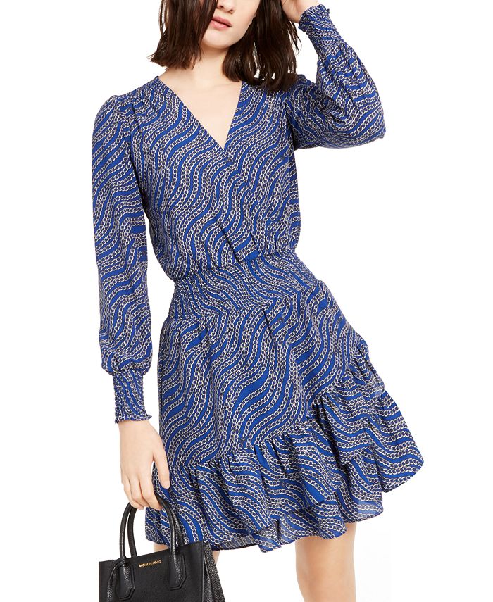 Michael Kors Women's Faux Wrap Long Sleeve Smocked Ruffle Dress Blue Size Large