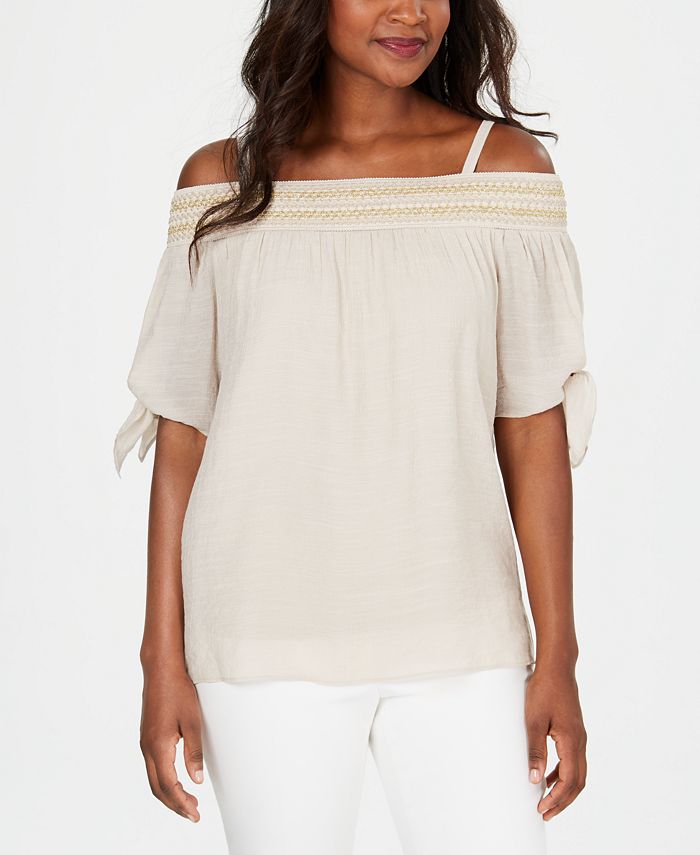 JM Collection Women's  Smocked Off-the-Shoulder Gauze Top Brown Size S