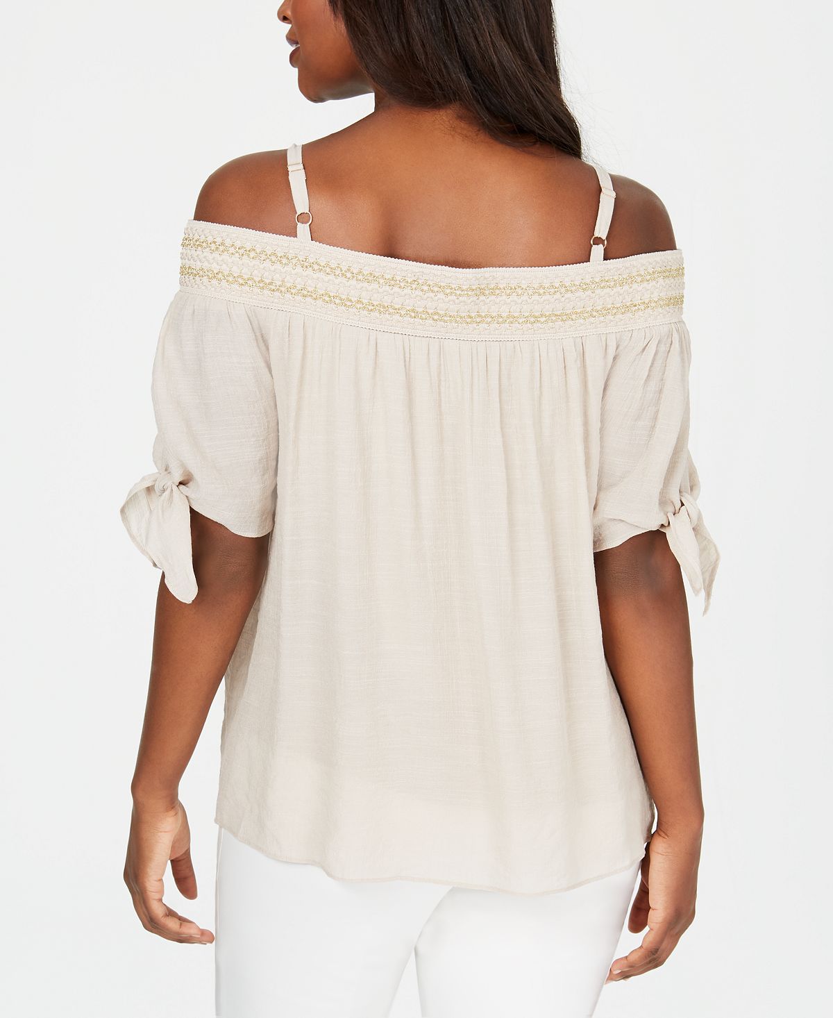 JM Collection Women's  Smocked Off-the-Shoulder Gauze Top Brown Size S