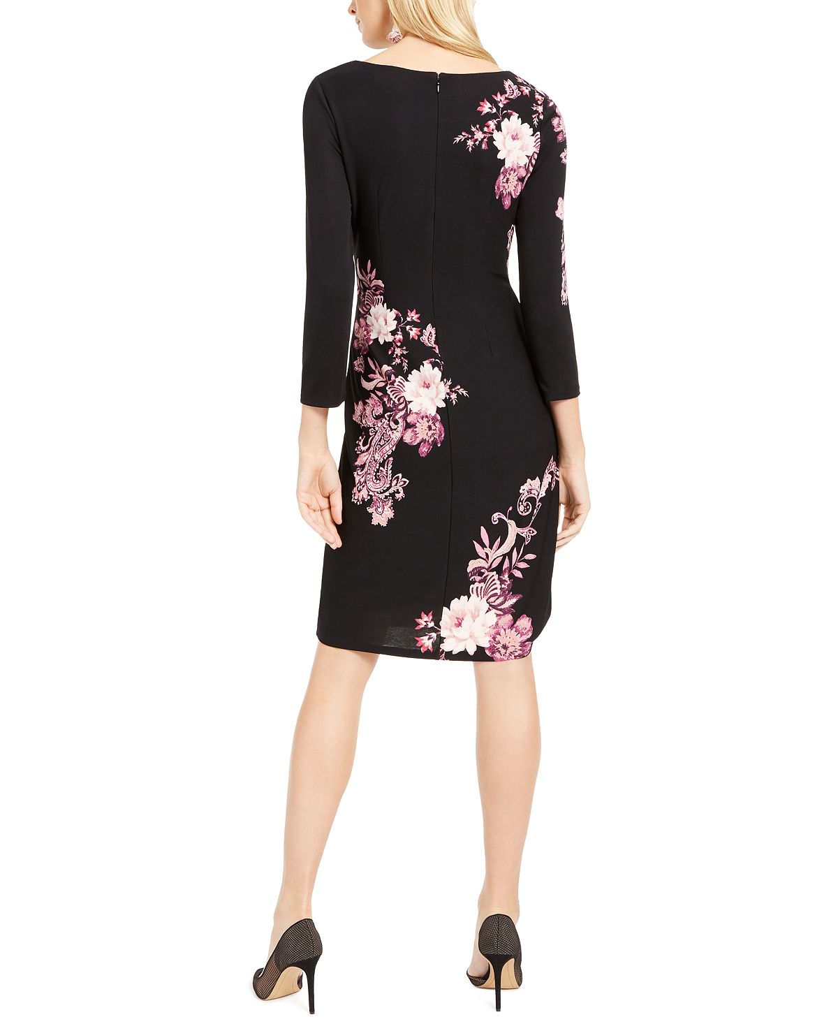 INC Iternational Concepts Women's Floral Long Sleeve Boat Neck Knee Length Evening Body Con Dress Black Size Small