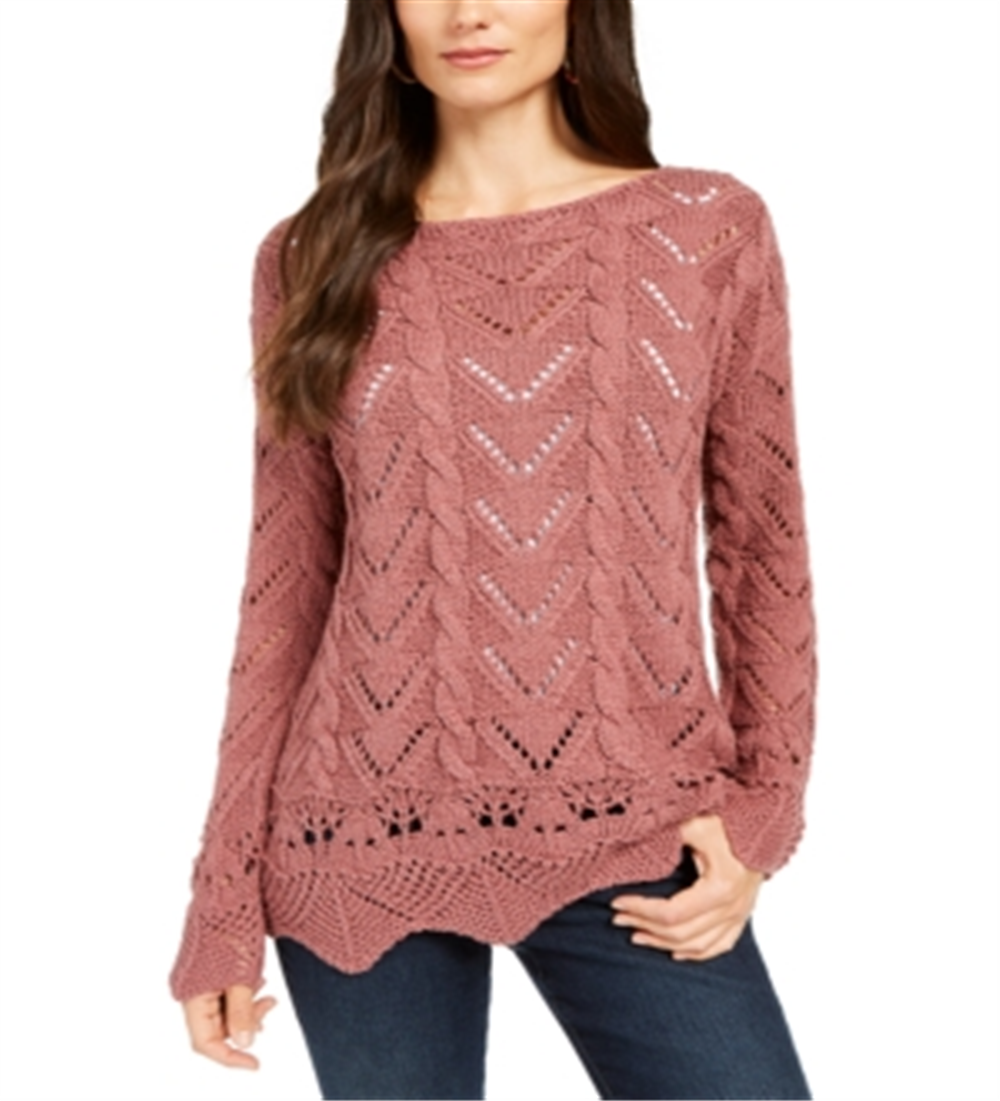 Style & Co Women's Pointelle Knit Scalloped Hem Sweater Pink Size XS