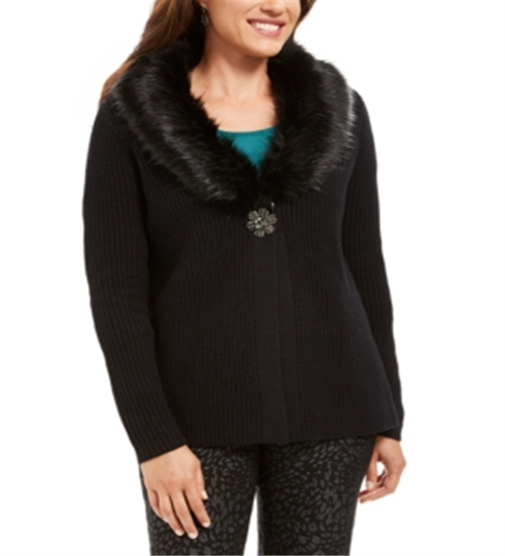 JM Collection Women's Holiday Party Faux Fur Collar & Brooch Cardigan Black Size Medium