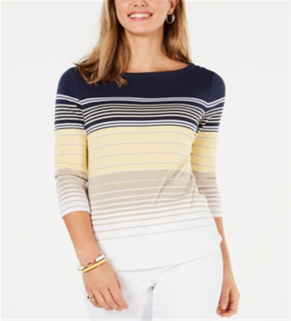 Charter Club Women's Pima Cotton Button Shoulder Stripe Top Yellow Size XX-Large