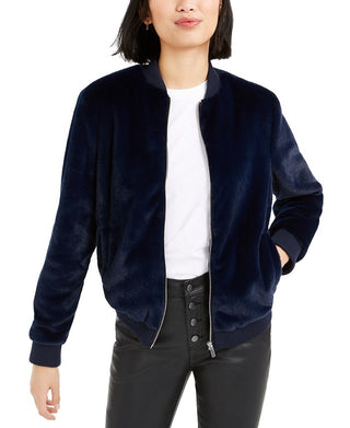 Bar III Women's Faux Fur Bomber Jacket Blue Size-XXS