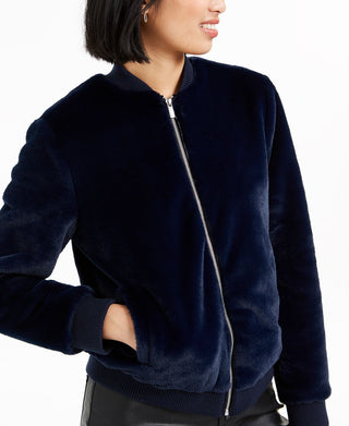 Bar III Women's Faux Fur Bomber Jacket Blue Size-XXS