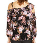 INC International Concepts Women's Floral Print Ruffled Cold Shoulder Top Black Size X-Small