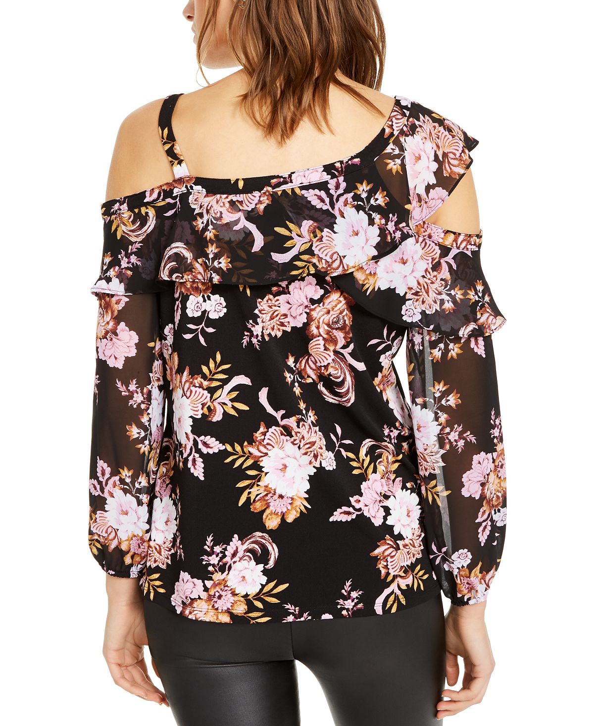 INC International Concepts Women's Floral Print Ruffled Cold Shoulder Top Black Size X-Small