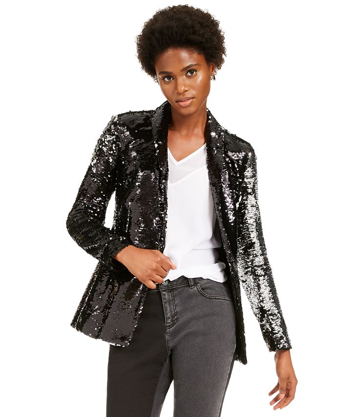 INC International Concepts Women's Sequin One Button Blazer Jacket Black Size X-Small