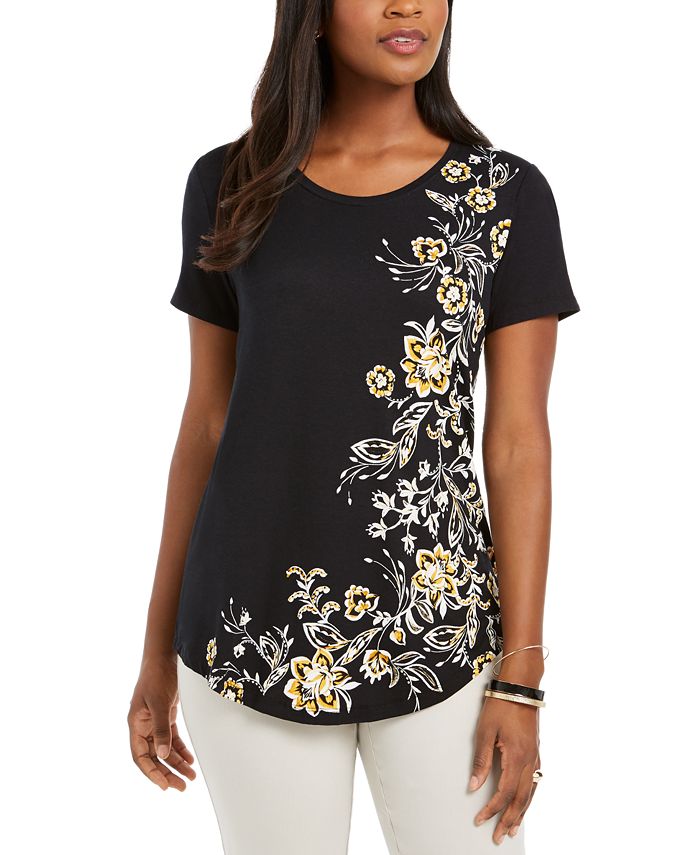 JM Collection Women's Floral Scoop Neck Top Black Size M