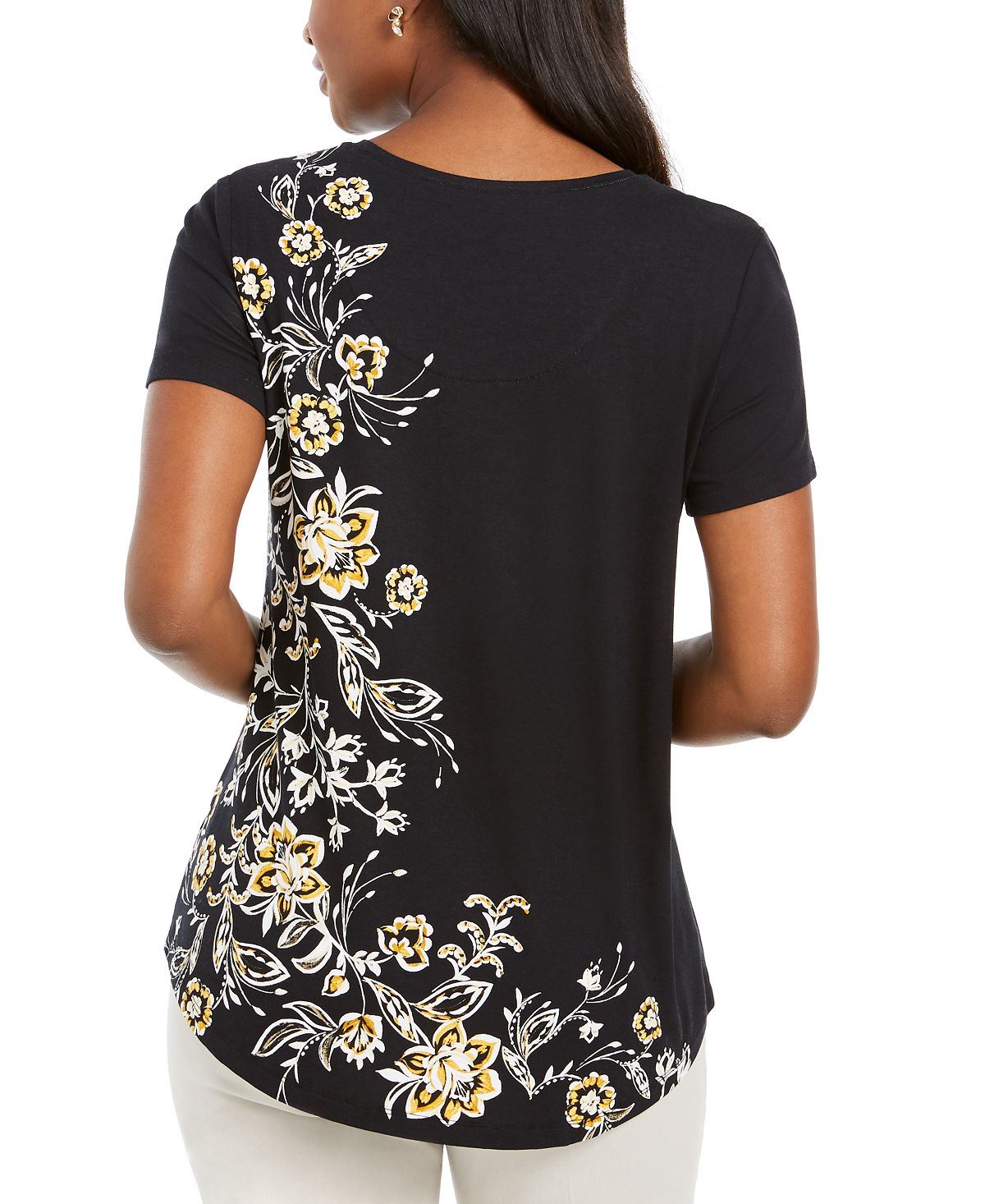 JM Collection Women's Floral Scoop Neck Top Black Size M
