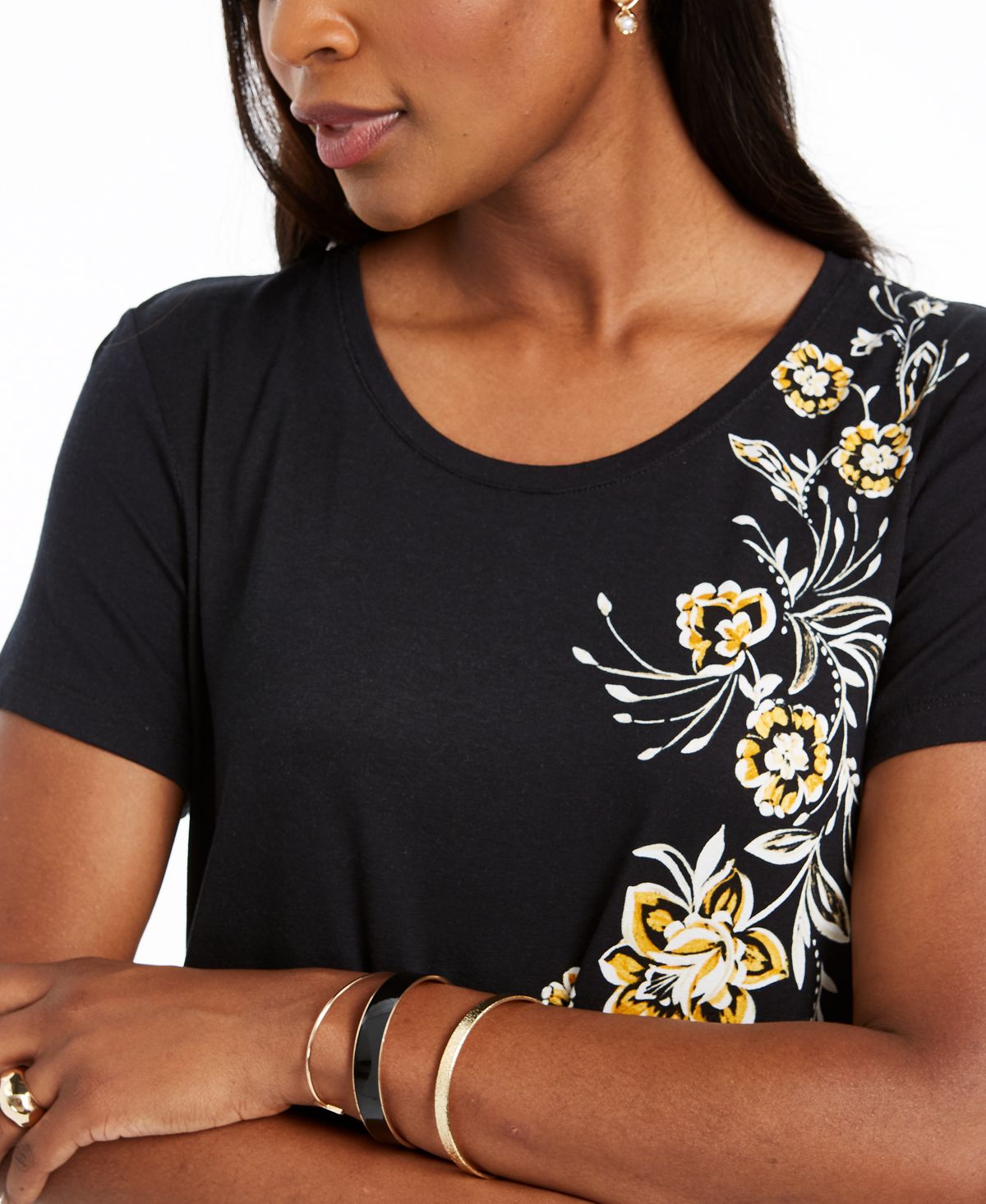 JM Collection Women's Floral Scoop Neck Top Black Size M