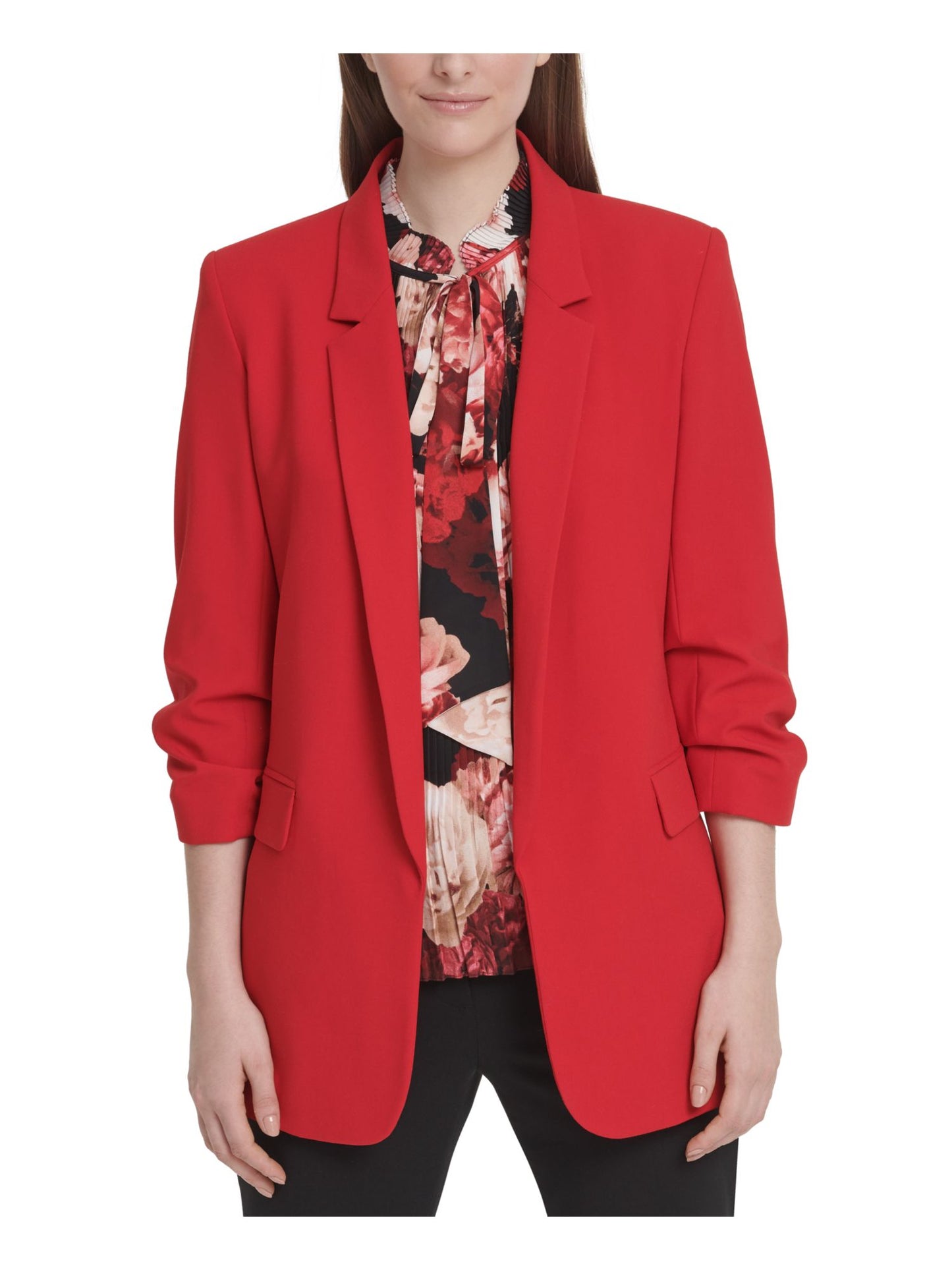 DKNY Women's Gathered Cuff Open Front Blazer Red Size 2 Petite