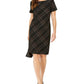 Kasper Women's Zippered Plaid Short Sleeve Jewel Neck Knee Length Sheath Dress Black Size 4