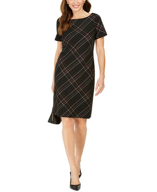 Kasper Women's Zippered Plaid Short Sleeve Jewel Neck Knee Length Sheath Dress Black Size 4