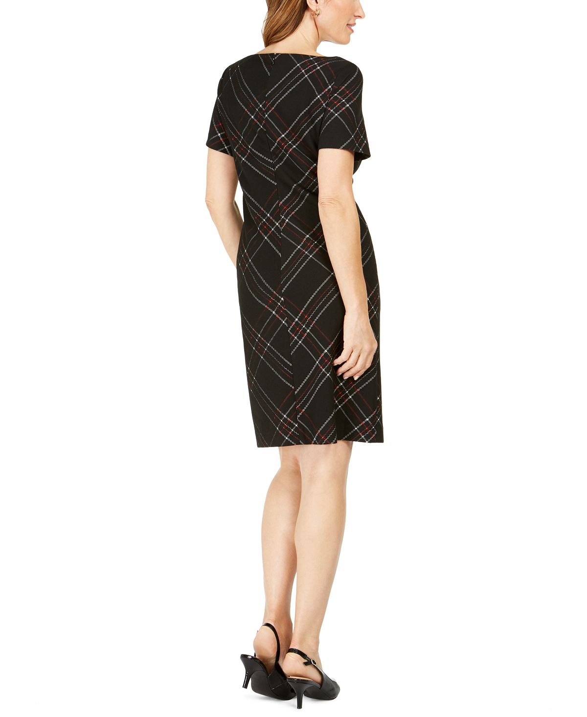Kasper Women's Zippered Plaid Short Sleeve Jewel Neck Knee Length Sheath Dress Black Size 4