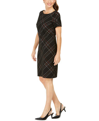 Kasper Women's Zippered Plaid Short Sleeve Jewel Neck Knee Length Sheath Dress Black Size 4