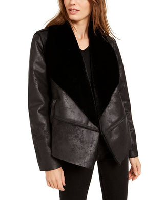 Bar III Women's Shearling Drape Front Jacket Black Size XXS