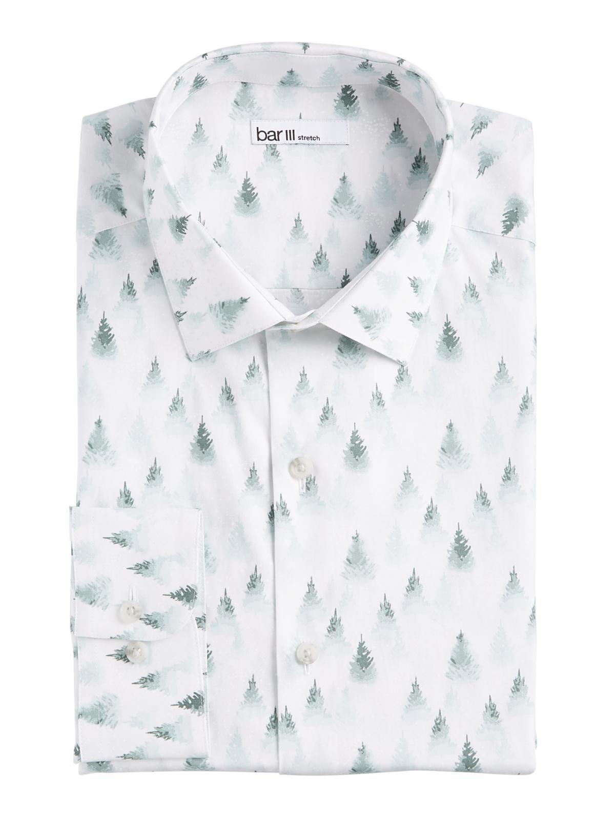 Bar III Men's Stretch Snowy Forest Print Dress Shirt Green Size 14X14