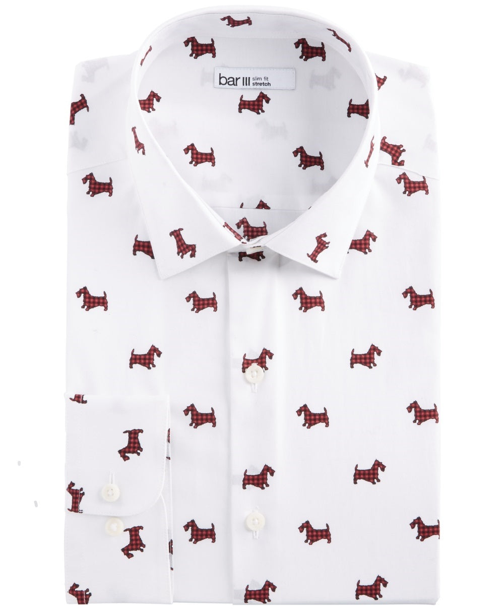 Bar III Men's Slim Fit Stretch Scottie Print Dress Shirt  White Size 14.5X32-33