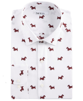Bar III Men's Slim Fit Stretch Scottie Print Dress Shirt  White Size 14.5X32-33