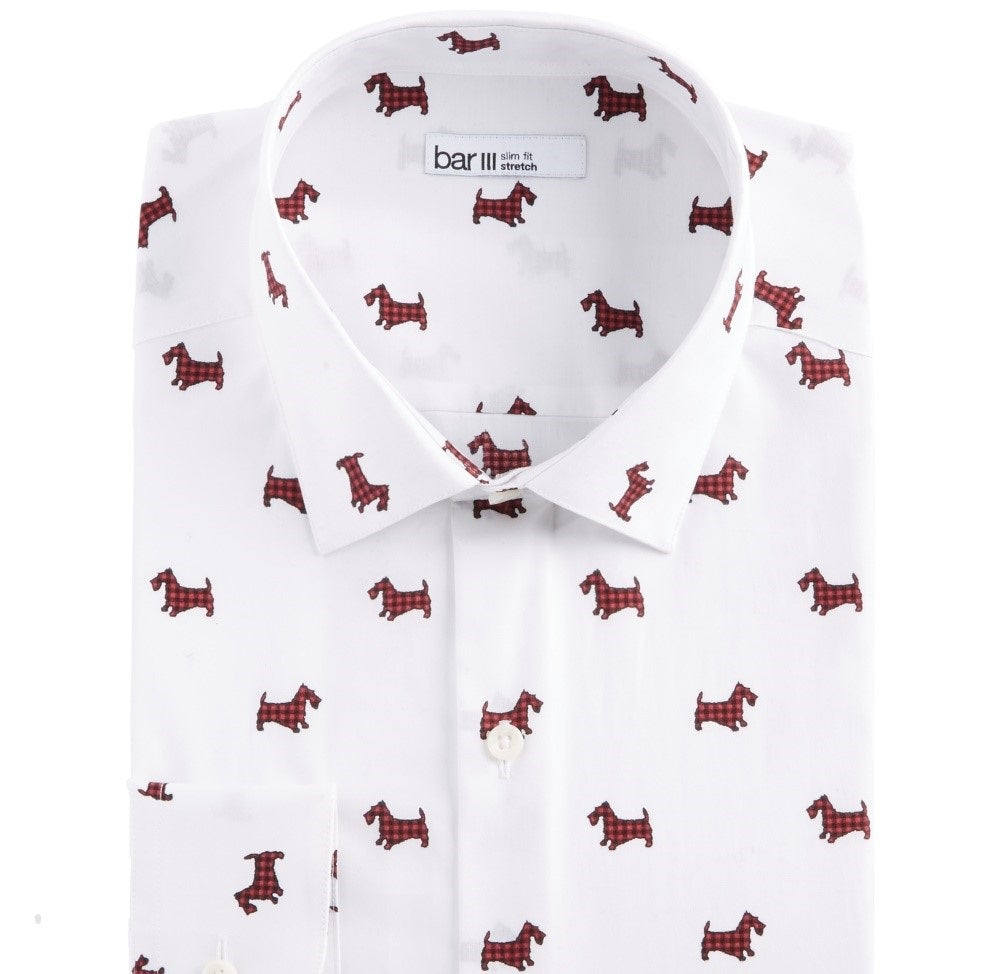 Bar III Men's Slim Fit Stretch Scottie Print Dress Shirt  White Size 14.5X32-33
