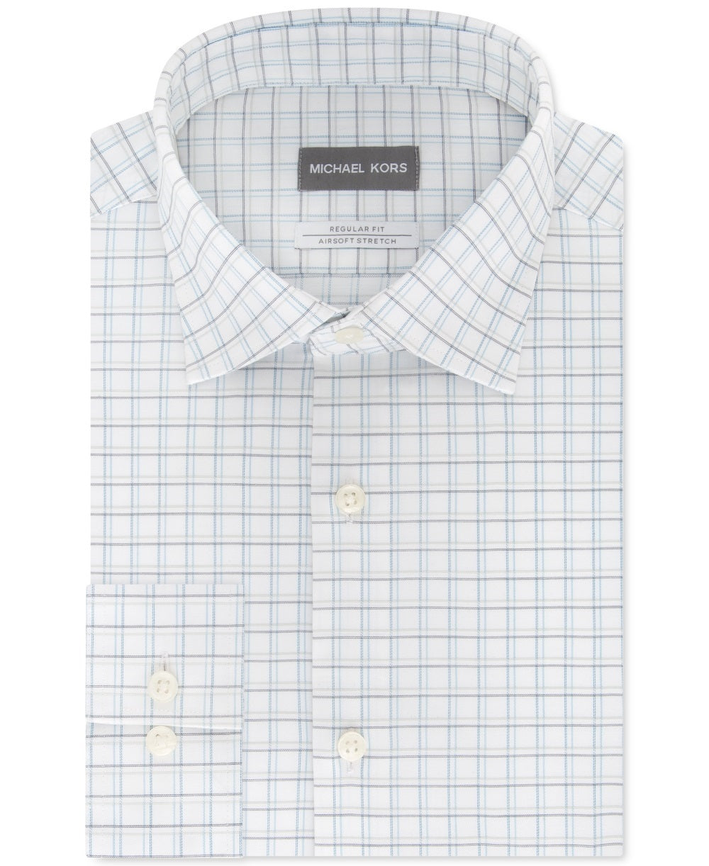 Michael Kors Men's Plaid Collared Classic Fit Stretch Dress Shirt White Size 18X36-37