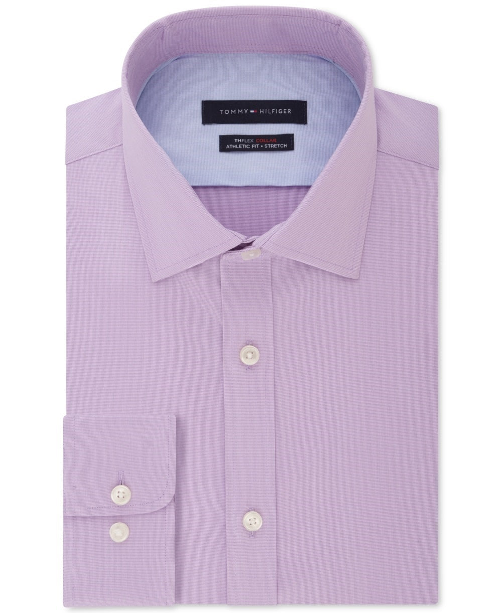 Tommy Hilfiger Men's Flex Collar with Cooling Fabric Athletic Fit Non Iron Performance Stretch Dress Shirt Purple Size 15X32-33
