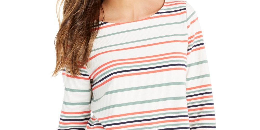 Charter Club Women's Striped Tie Sleeve Top Green Size Large