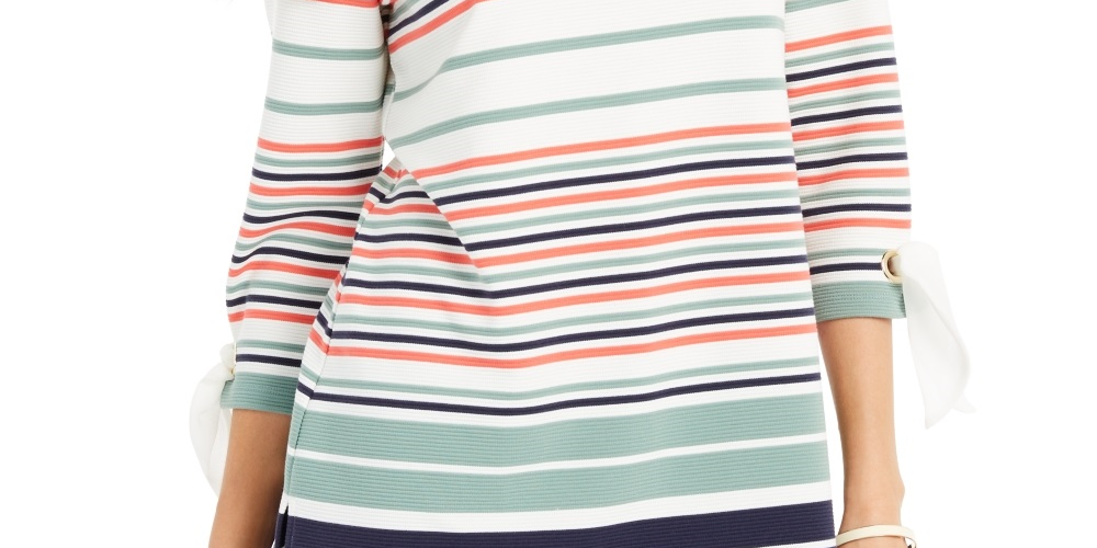 Charter Club Women's Striped Tie Sleeve Top Green Size Large