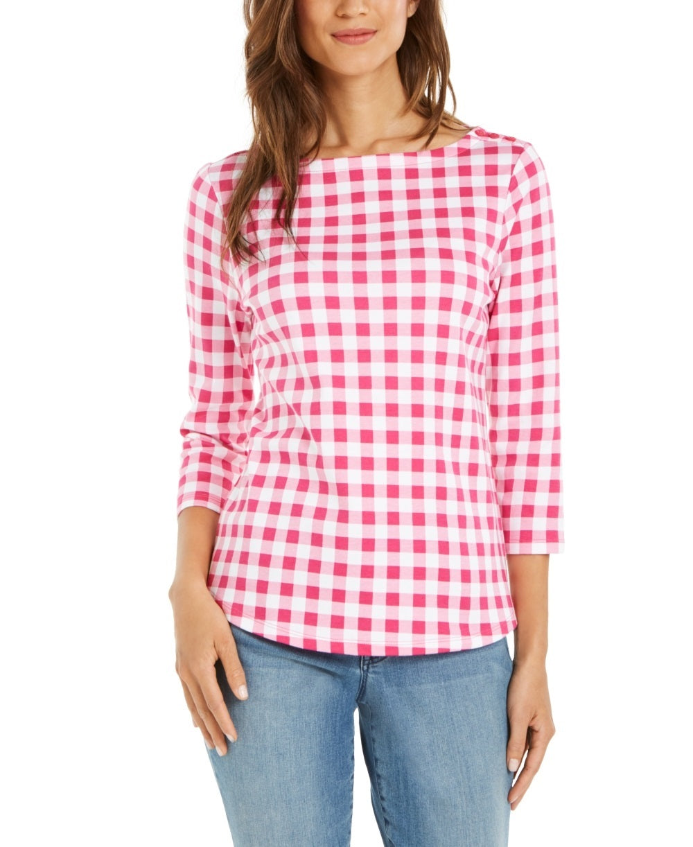 Charter Club Women's Cotton Gingham Print Boat Neck Top Pink Size Small
