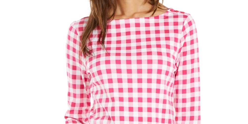 Charter Club Women's Cotton Gingham Print Boat Neck Top Pink Size Small